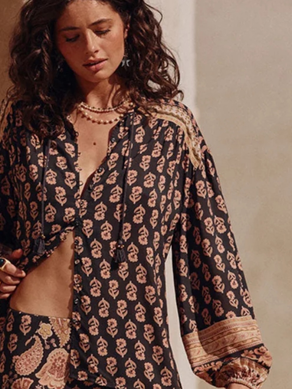 Spell Marmont Whiskey & Black Button-Front Boho Blouse with Blush Floral Print